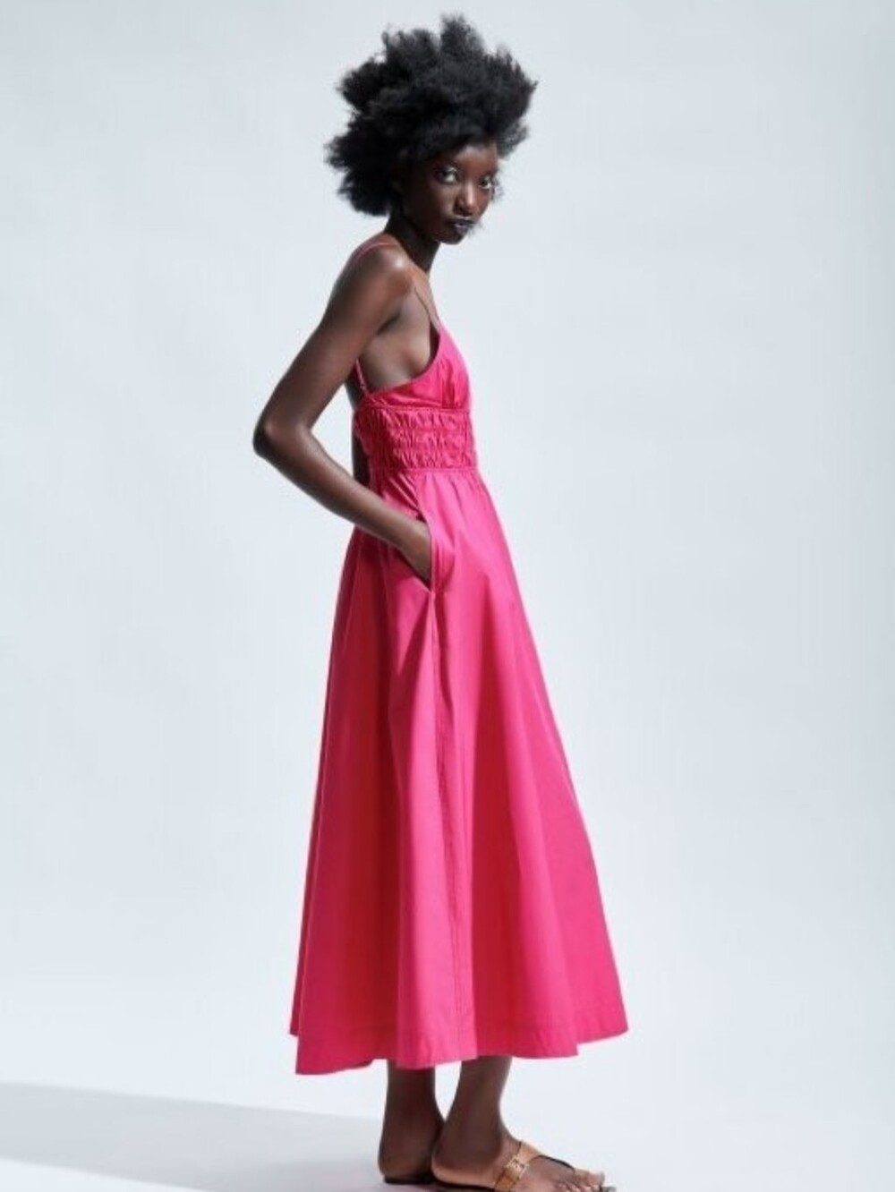 NWT Zara Hot Pink Spaghetti Strap Poplin Midi Dress M - Picture 5 of 9